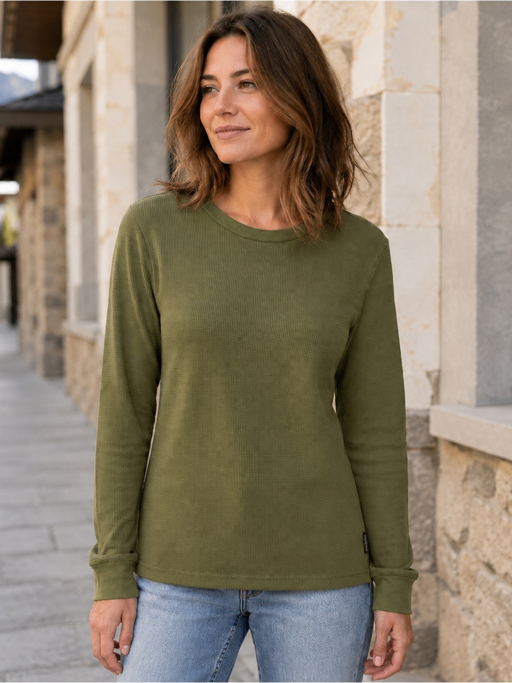 Patagonia Work Waffle Crewneck Organic Cotton Stretch Olive Women’s L NEW